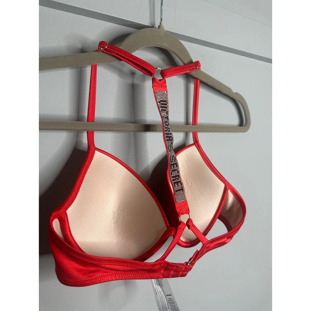 Victoria's Secret Red Rhinestone Strap Push Up‎ Bra Bikini Swim Top 36B